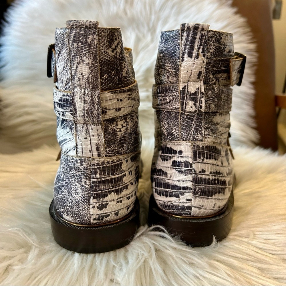 John Fluevog Modvogs Darin Boots Snake Print Leather Buckle Booties - Picture 9 of 13